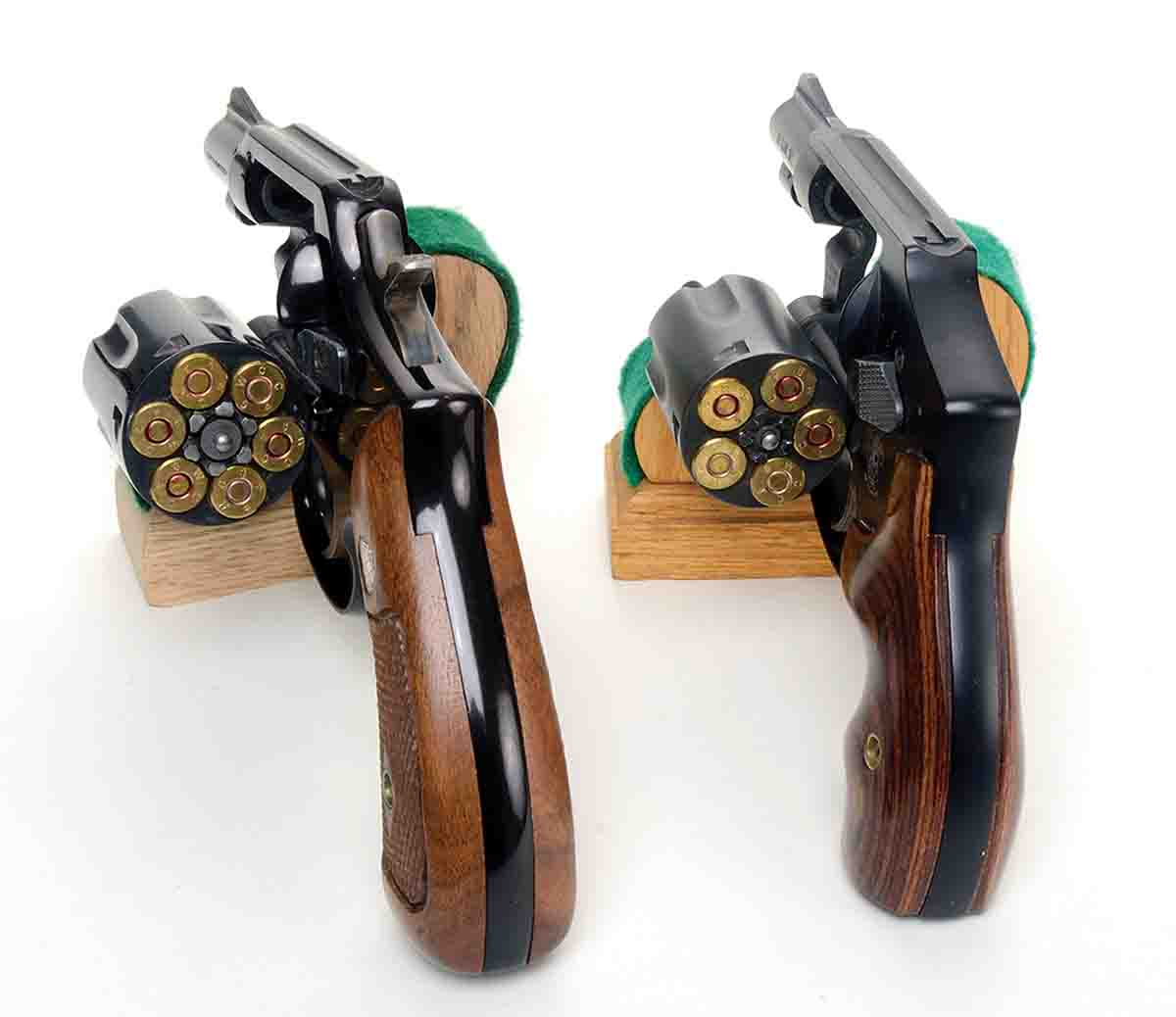 Of seven snub-nose .38 Specials on hand, five are six-shooters such as the Smith & Wesson Model 12 at left, and two are five-shooters like the Smith & Wesson Model 442 at right.
